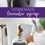 lavender simple syrup in a jar and glass measuring container.