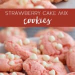 strawberry cake mix cookies on a plate and a cake stand.