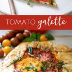 tomato galette on a cutting board with a slice on a plate.