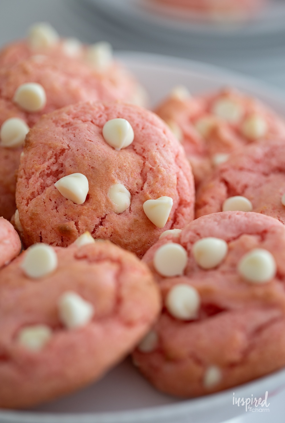up close photo of a stack of strawberry cake mix cookies.