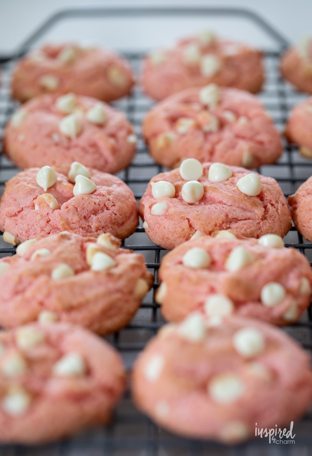 strawberry cake mix cookies on a cooling rack.