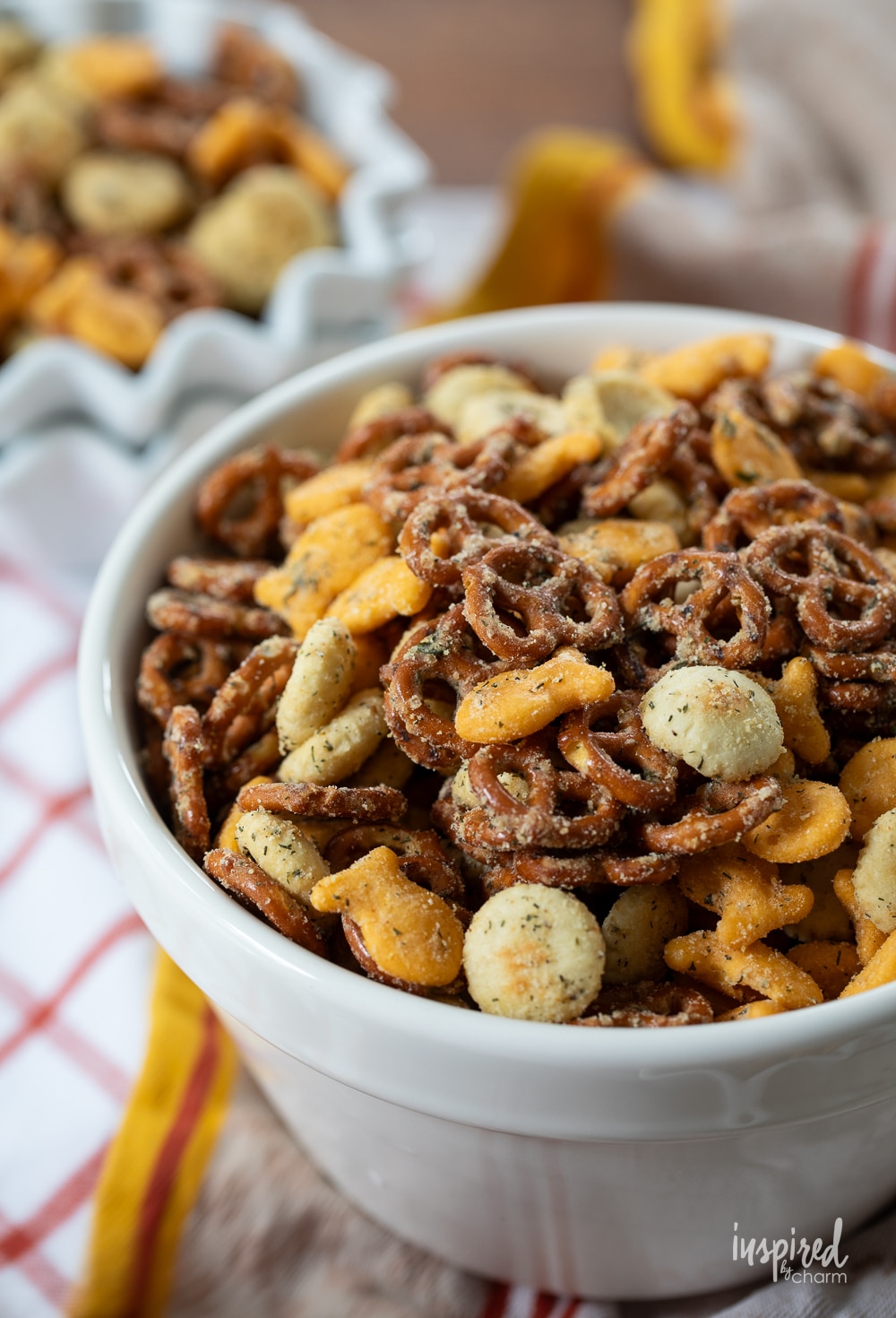 ultimate ranch snack mix in a white bowl.