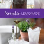 lavender lemonade served in glasses with a bottle of lavender simple syrup.