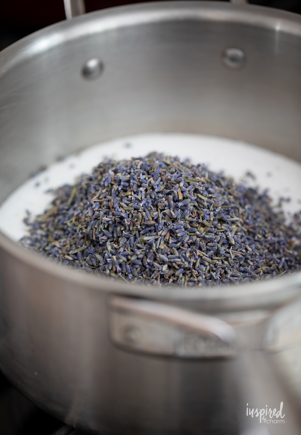lavender sugar and water in a saucepan.