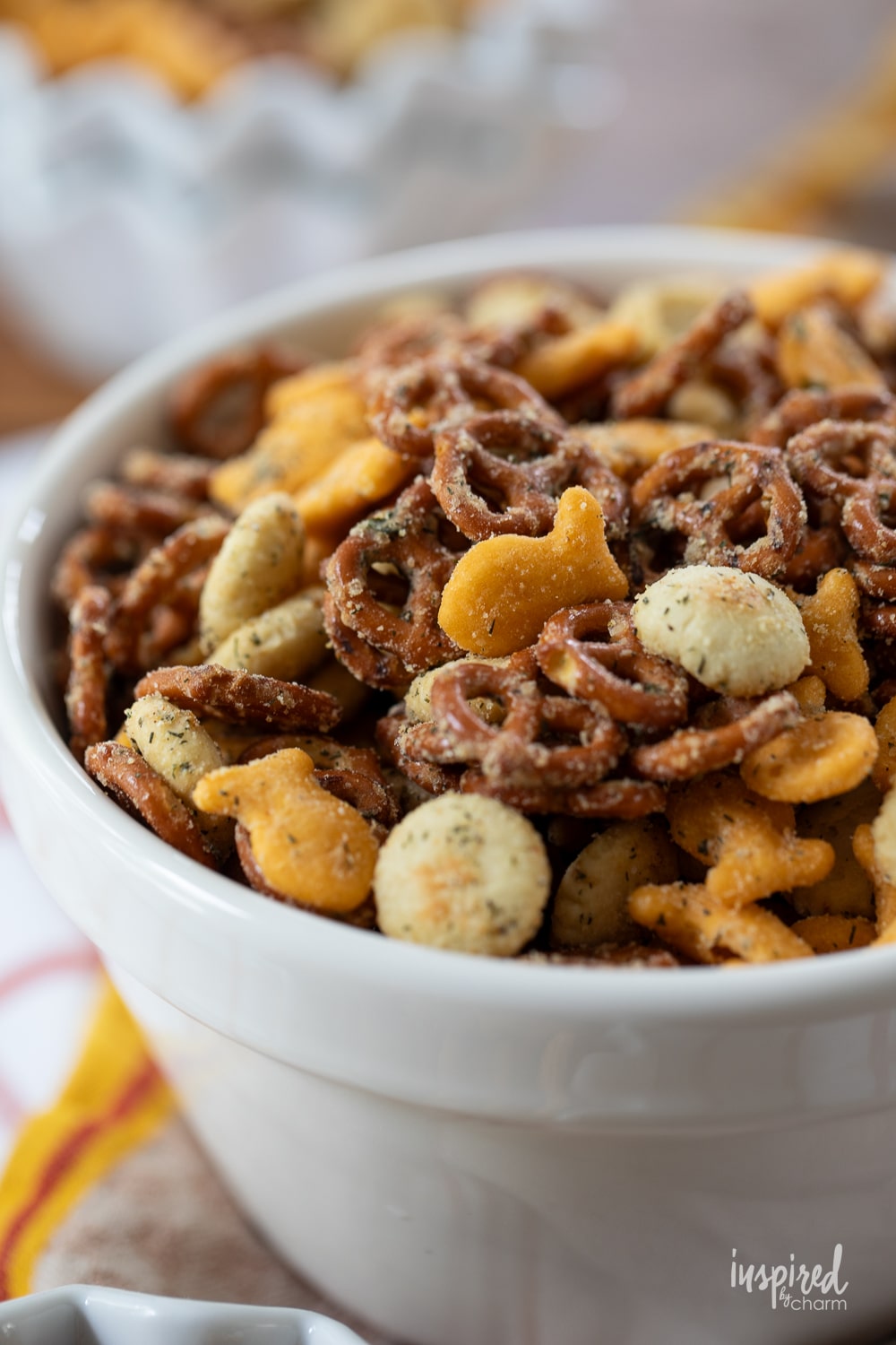 ranch pretzel snack mix in a bowl. 