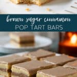 brown sugar cinnamon pop tart bars served on a plate with a bite taken out of one.