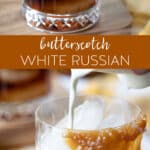 butterscotch White Russian in a rocks glass with butterscotch sauce garnish.