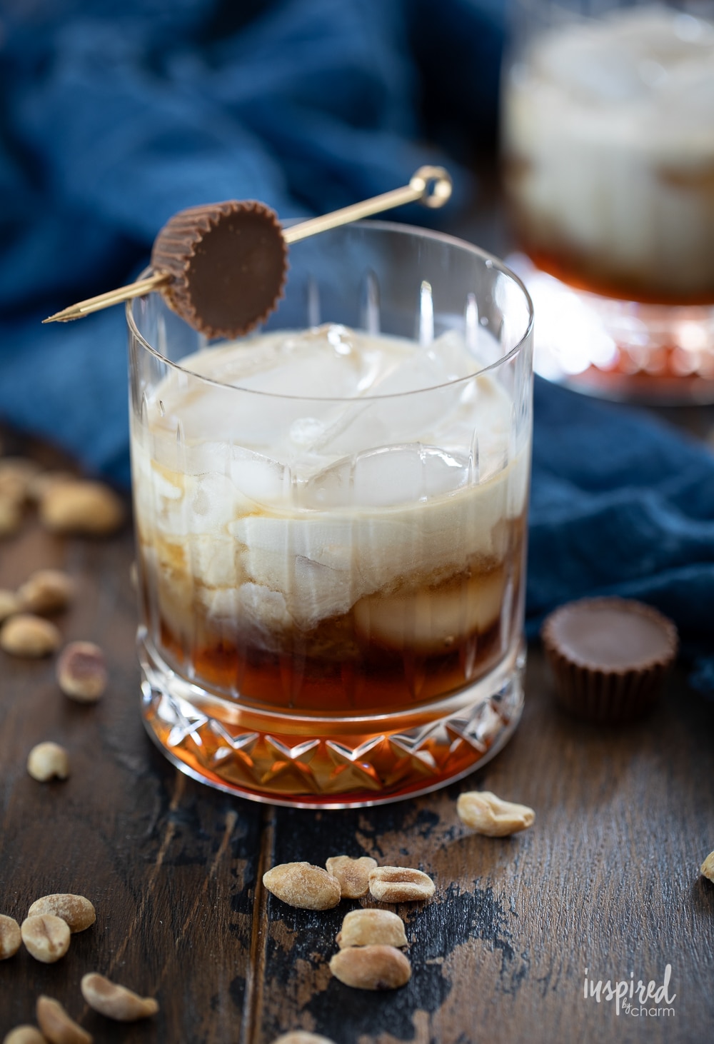 up close of peanut butter white russian cocktail in a glass.