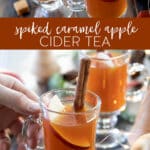 spiked caramel apple cider tea in glass mug with a hand holding one.