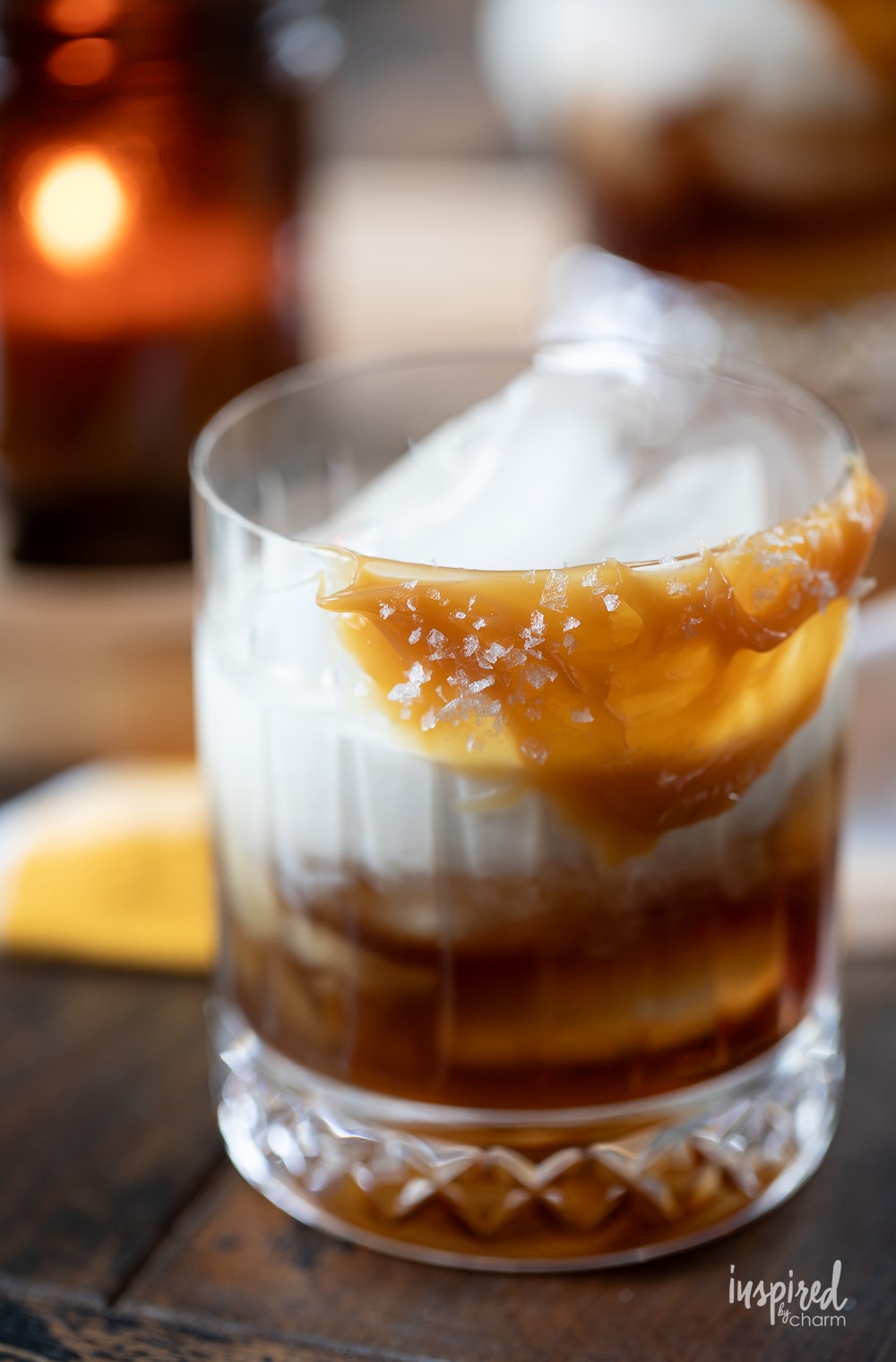 butterscotch white Russian cocktail in a rocks glass with butterscotch garnish.