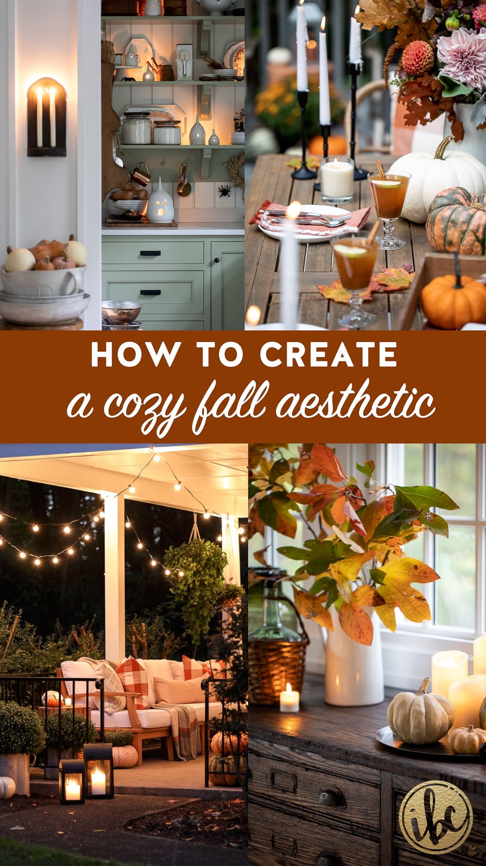 four images of cozy candlelit spaces decorated for fall. 