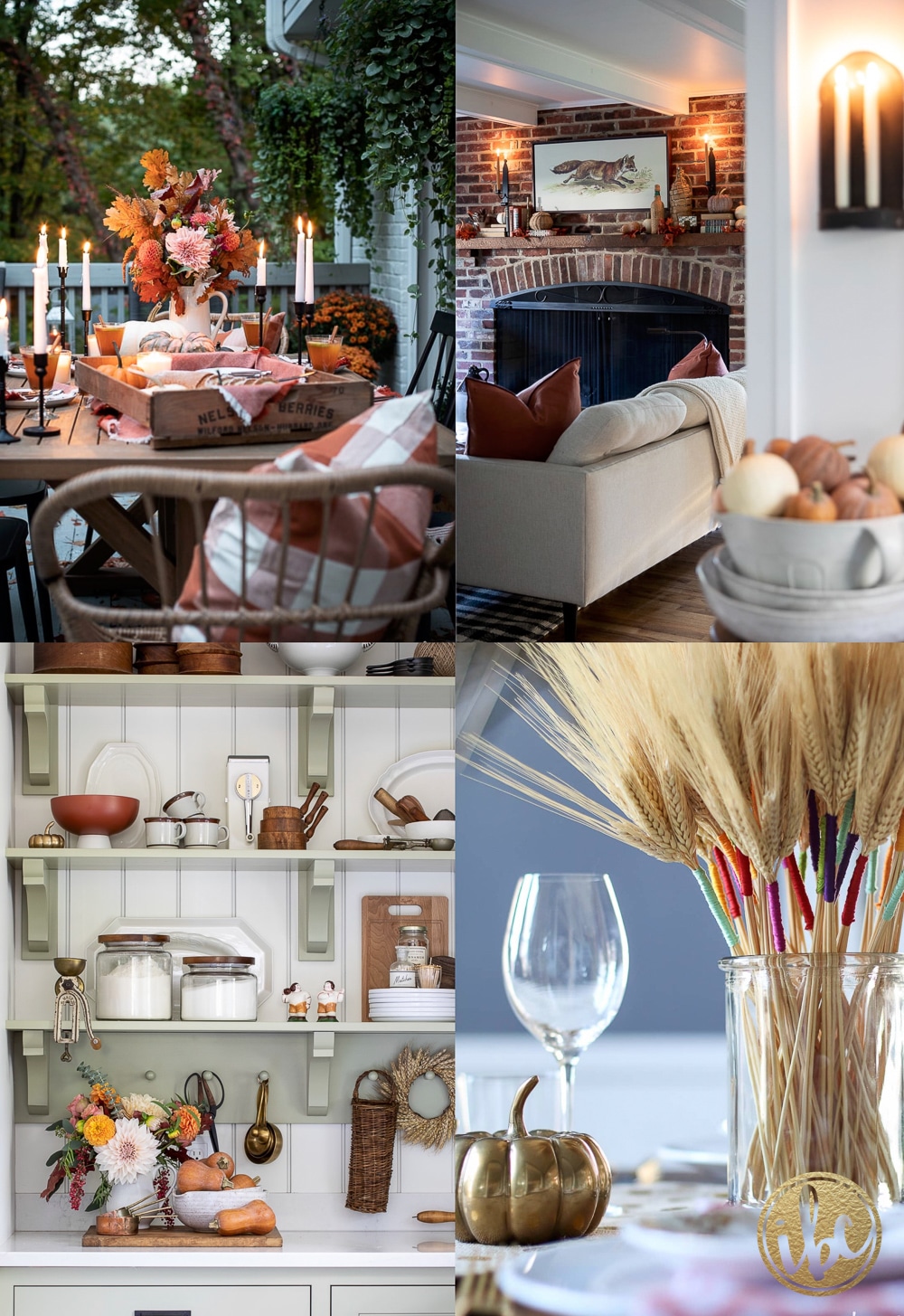 four images of cozy fall spaces with candles and decor. 