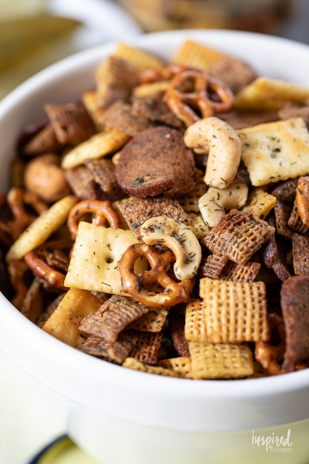 close up of delicious dill pickle snack mix in bowl.