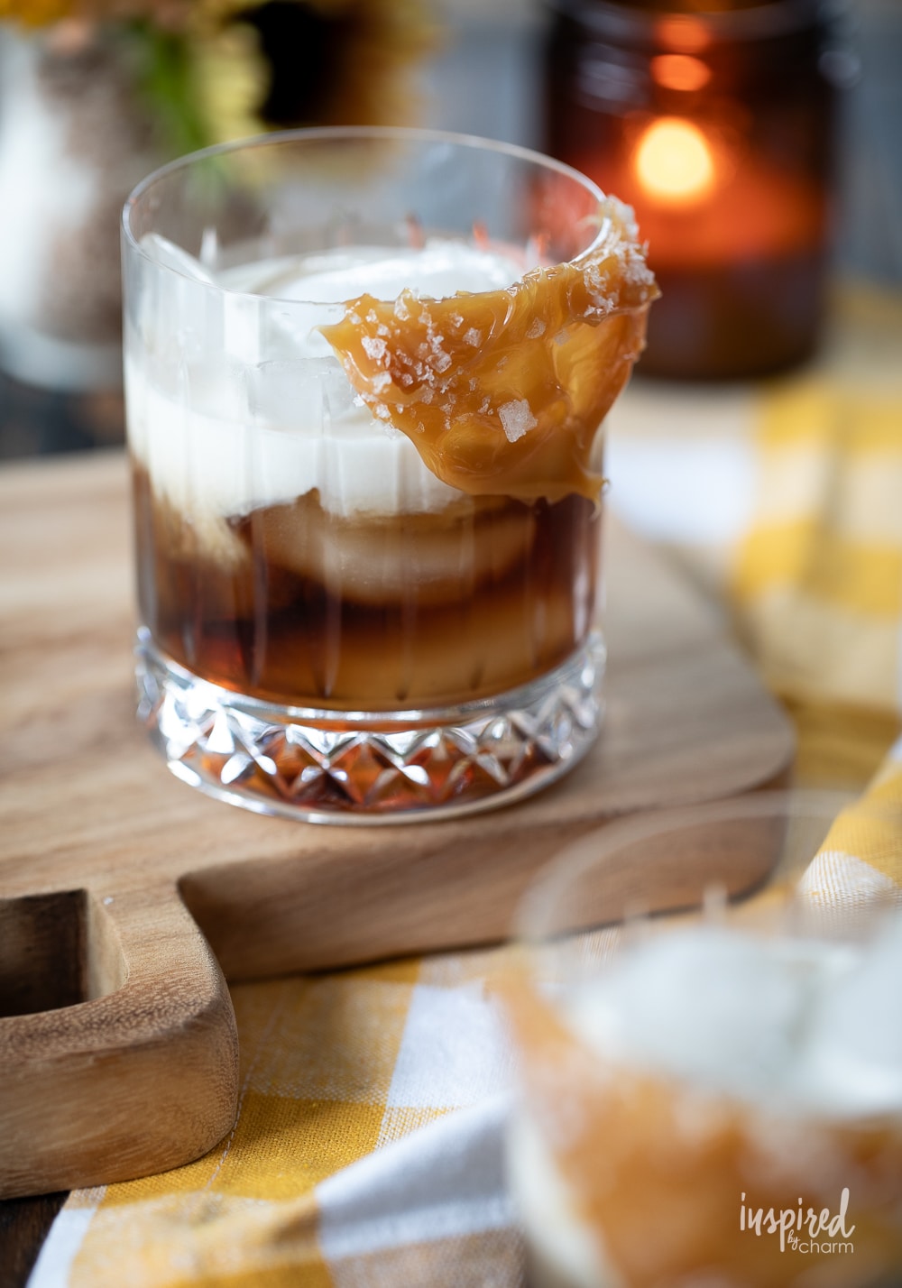 glass filled with butterscotch white russian cocktail. 