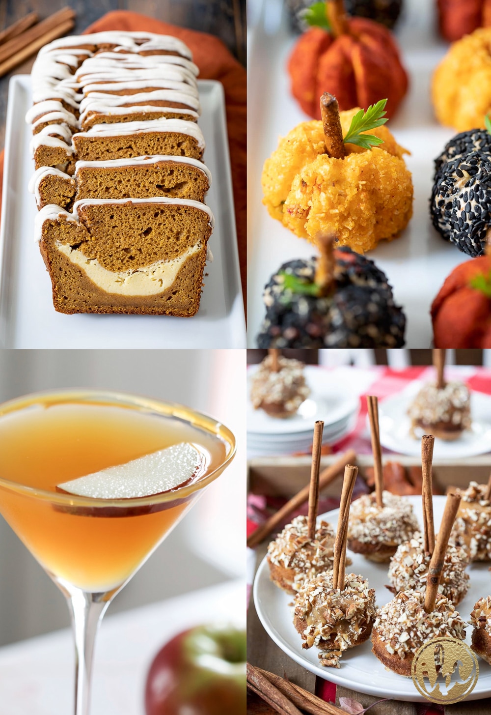 four images of the best fall food recipes include desserts, cocktails, and appetizers.