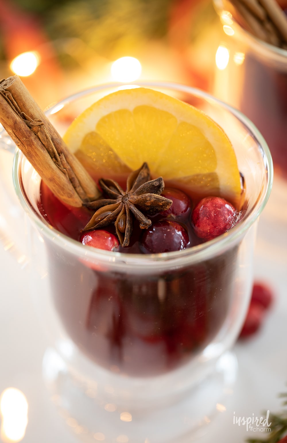 spiced cranberry hot toddy with a cinnamon stick, orange, and cranberries. 