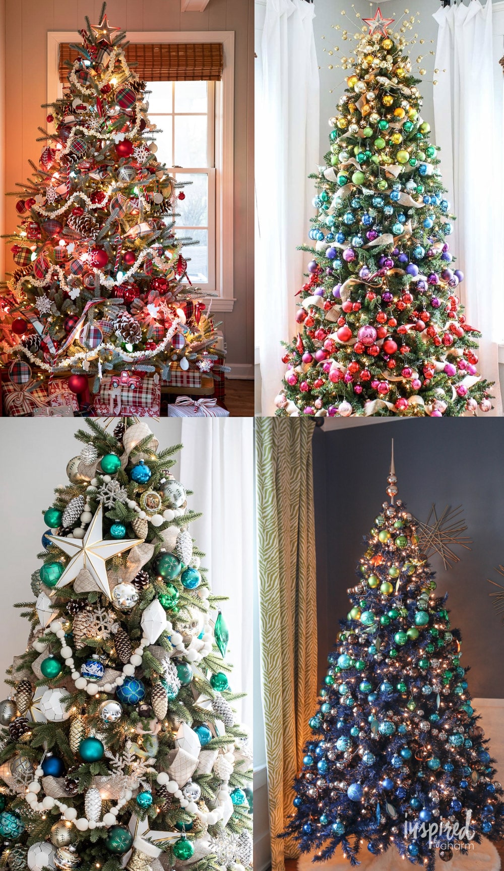 four unique, colorful, and festive christmas tree theme ideas and decorated trees. 