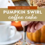 pumpkin swirl coffee cake in pan and on a white plate.