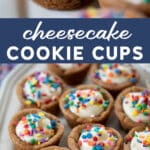 cheesecake cooke cups with colorful sprinkles on a platter.