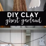 diy clay ghost garland hung in front of shelves