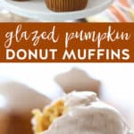 glazed pumpkin donut muffins served on a plate one with a bite removed.