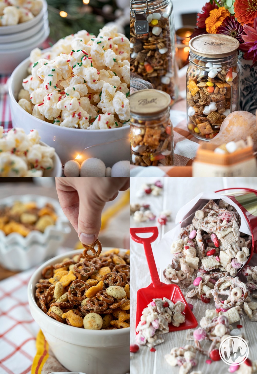 a collage of seasonal snack mixes both salty and sweet.