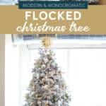 frosted and flocked looking christmas tree with monochromatic color palette.