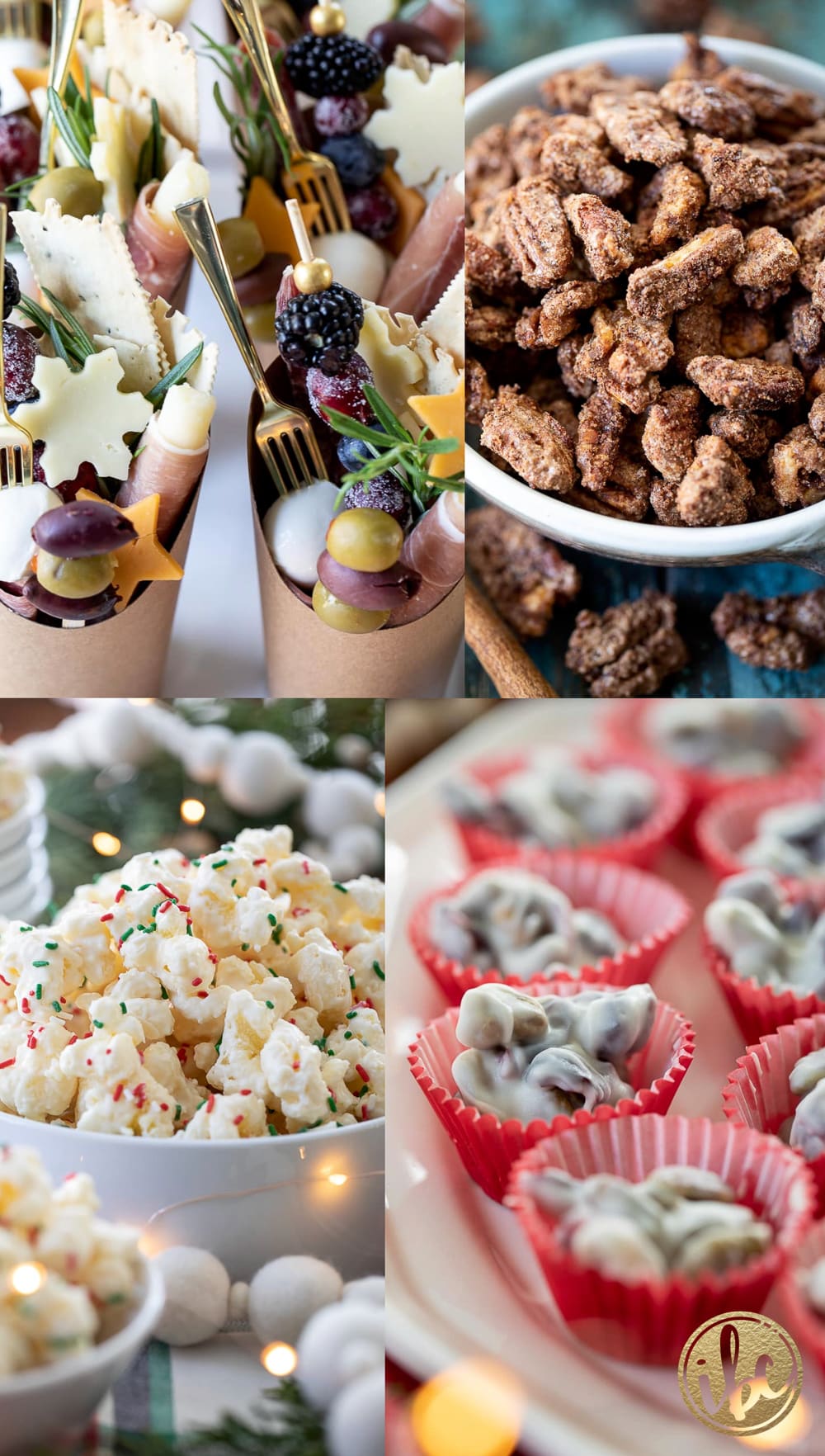 christmas snacks served in bowls and cups in a festive setting.