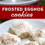 Festive and Easy Frosted Eggnog Cookies on a plate with pine decor.