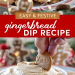 gingerbread dip in a bowl with a hand and cookie taking a bite.