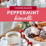 hand dipping peppermint biscotti into coffee with more biscotti served on a plate.