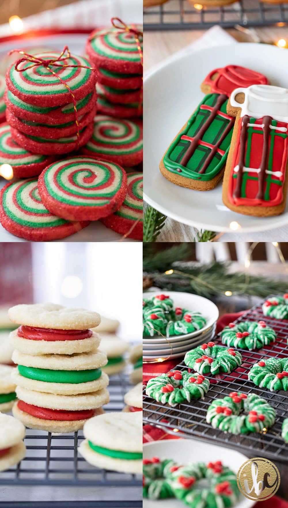 four christmas cookies with red and green colors in a festive display.