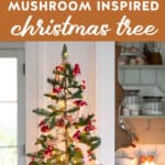 charming and whimsical mini christmas tree decorated with lights, ribbon, and mushroom ornaments.