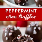 peppermint Oreo truffles on white plates with a candy cane and one bite taken out.