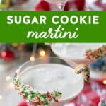 sugar cookie martini in glass with sugar cookie garnish.