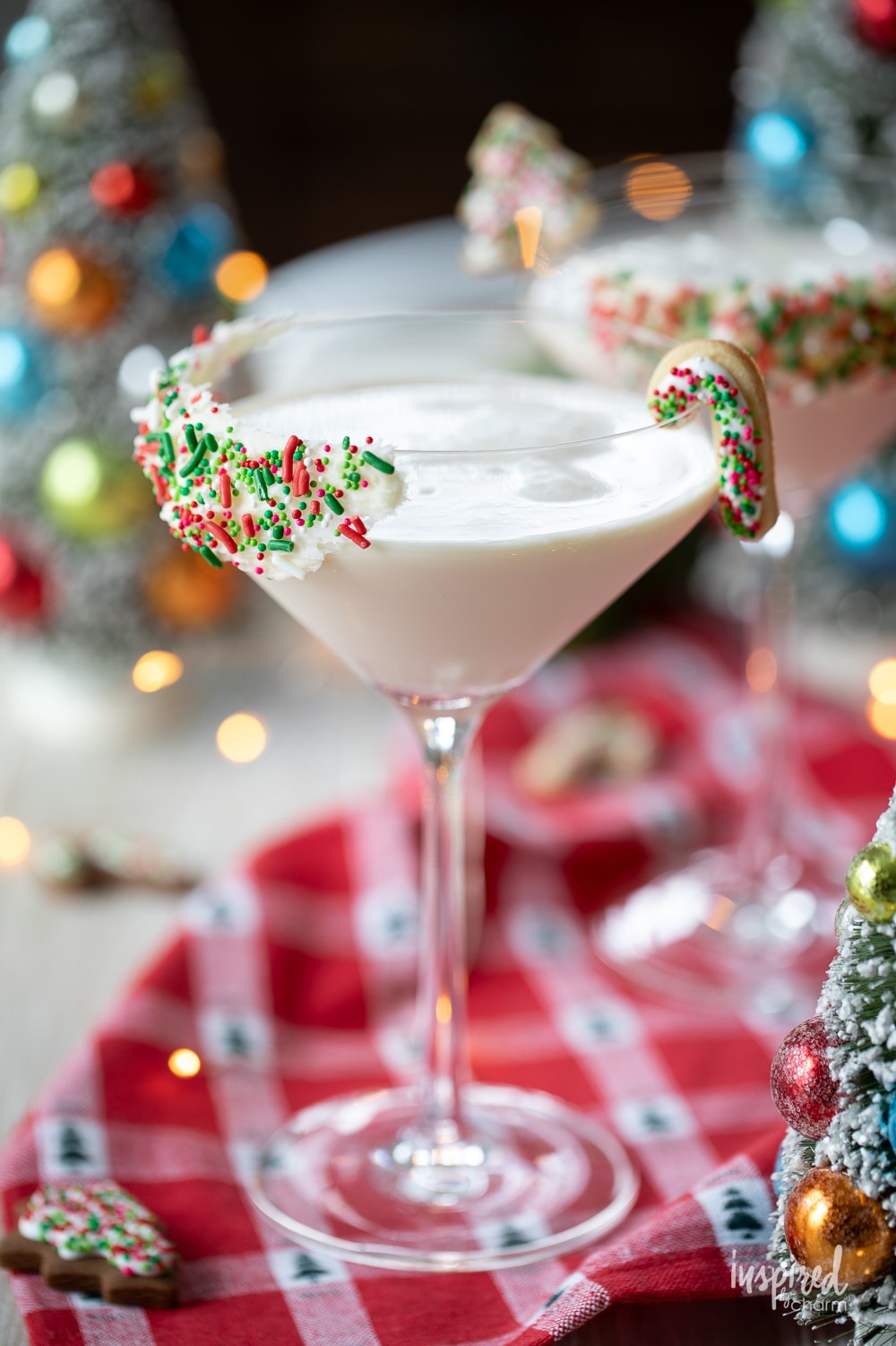 sugar cookie martini in a glass with frosting rim.