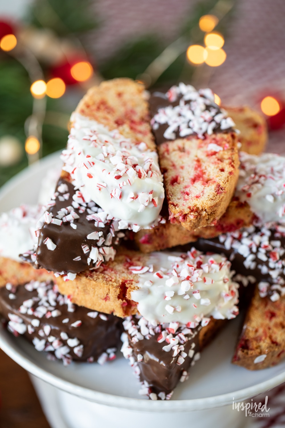 cake stand piled high with peppermint biscotti.