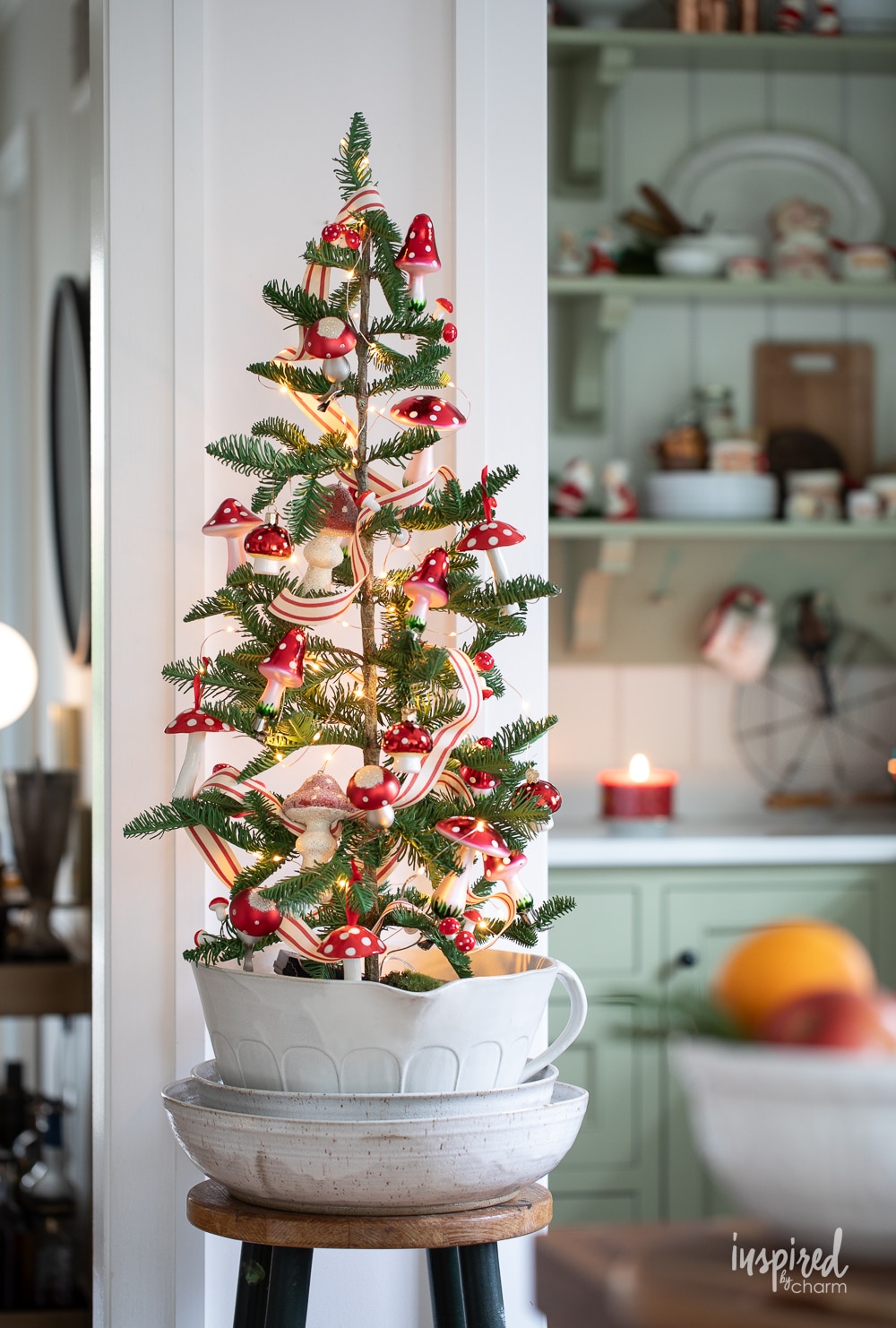 mini christmas tree decorated with mushroom ornaments. 