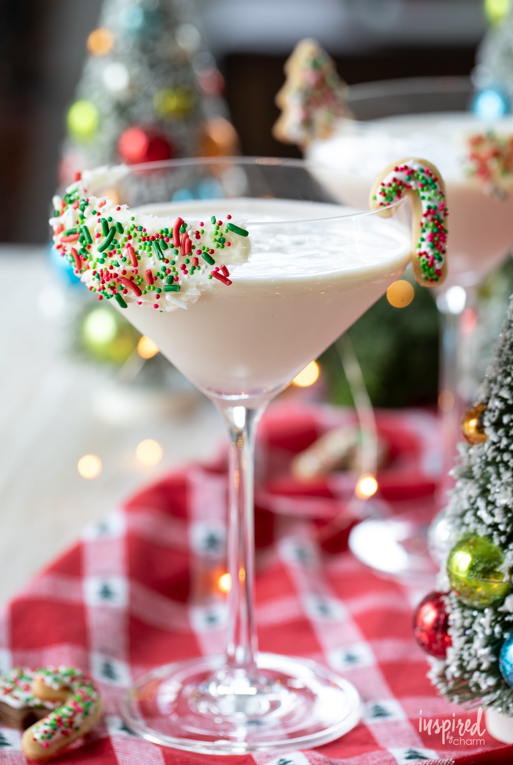 sugar cookie martini for Christmas in a festive glass.