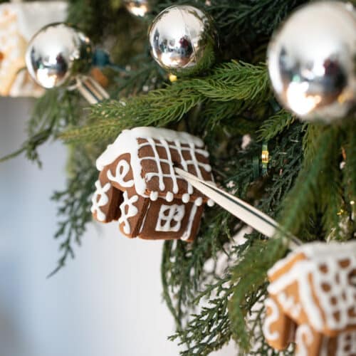 mini gingerbread houses with ribbon as a garland.