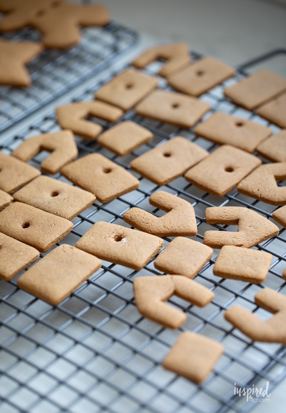 baked gingerbread cookie pieces on a cooling rack.