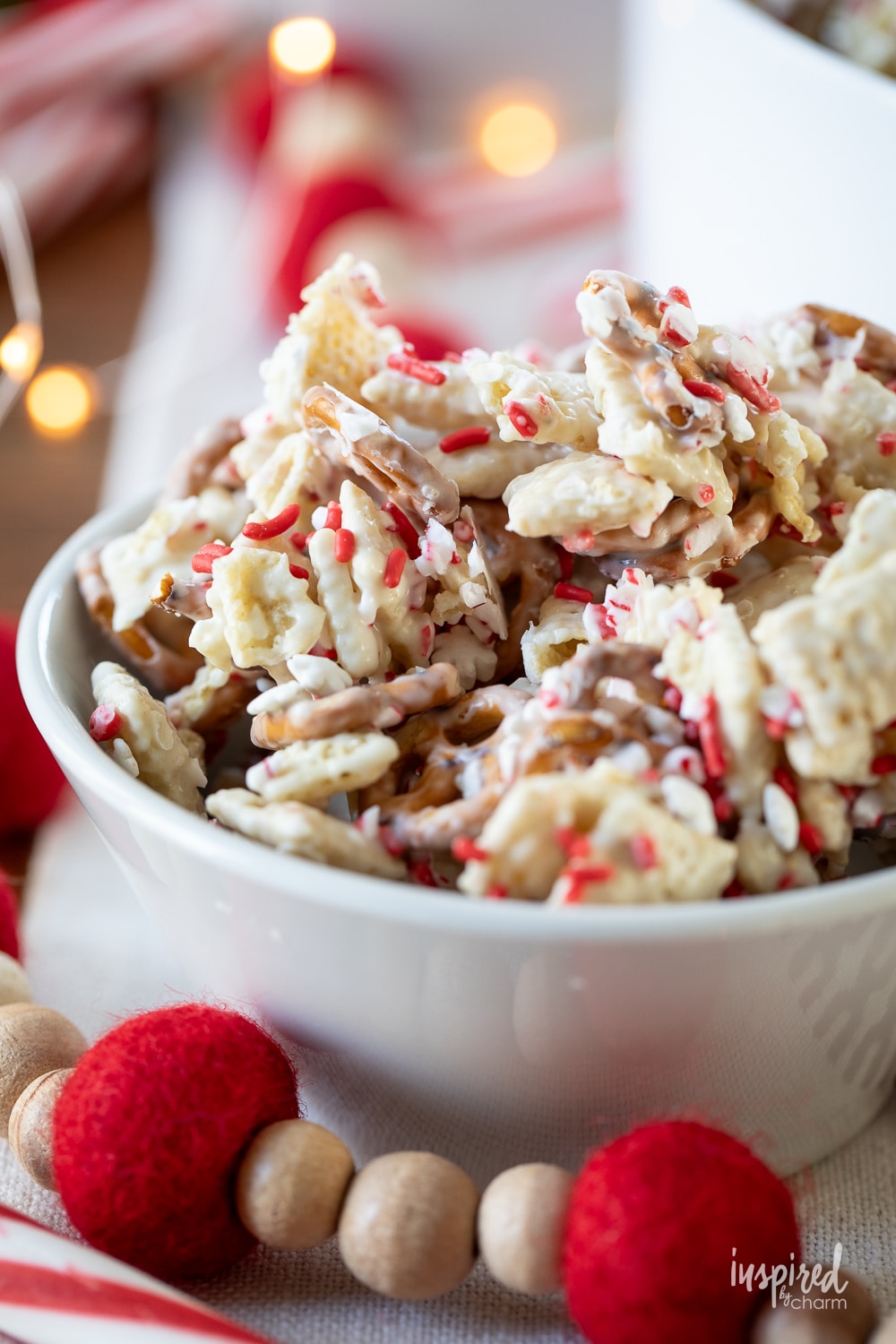 large bowl of peppermint white chocolate chex mix .