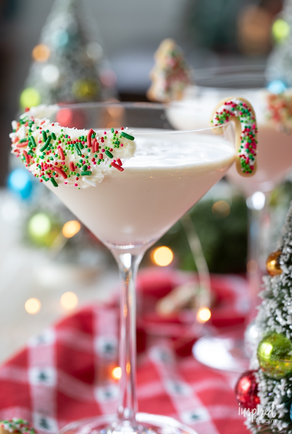 christmas sugar cookie martini for the holidays with festive garnish.
