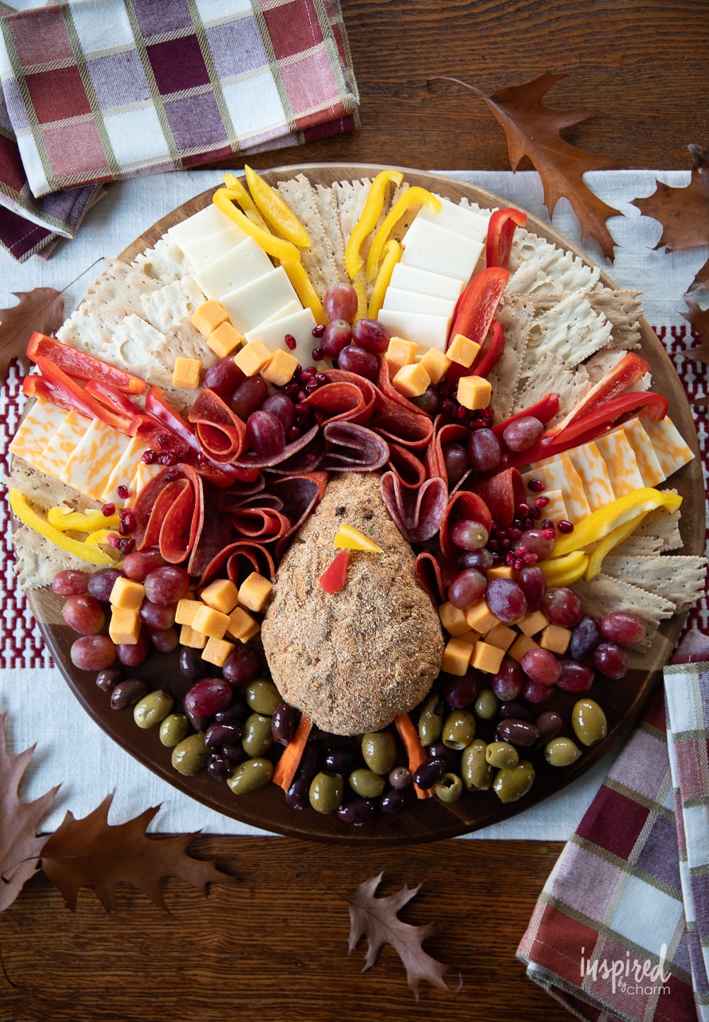 festive cheese board shaped like a turkey.