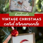 two christmas tree ornaments made from vintage christmas cards