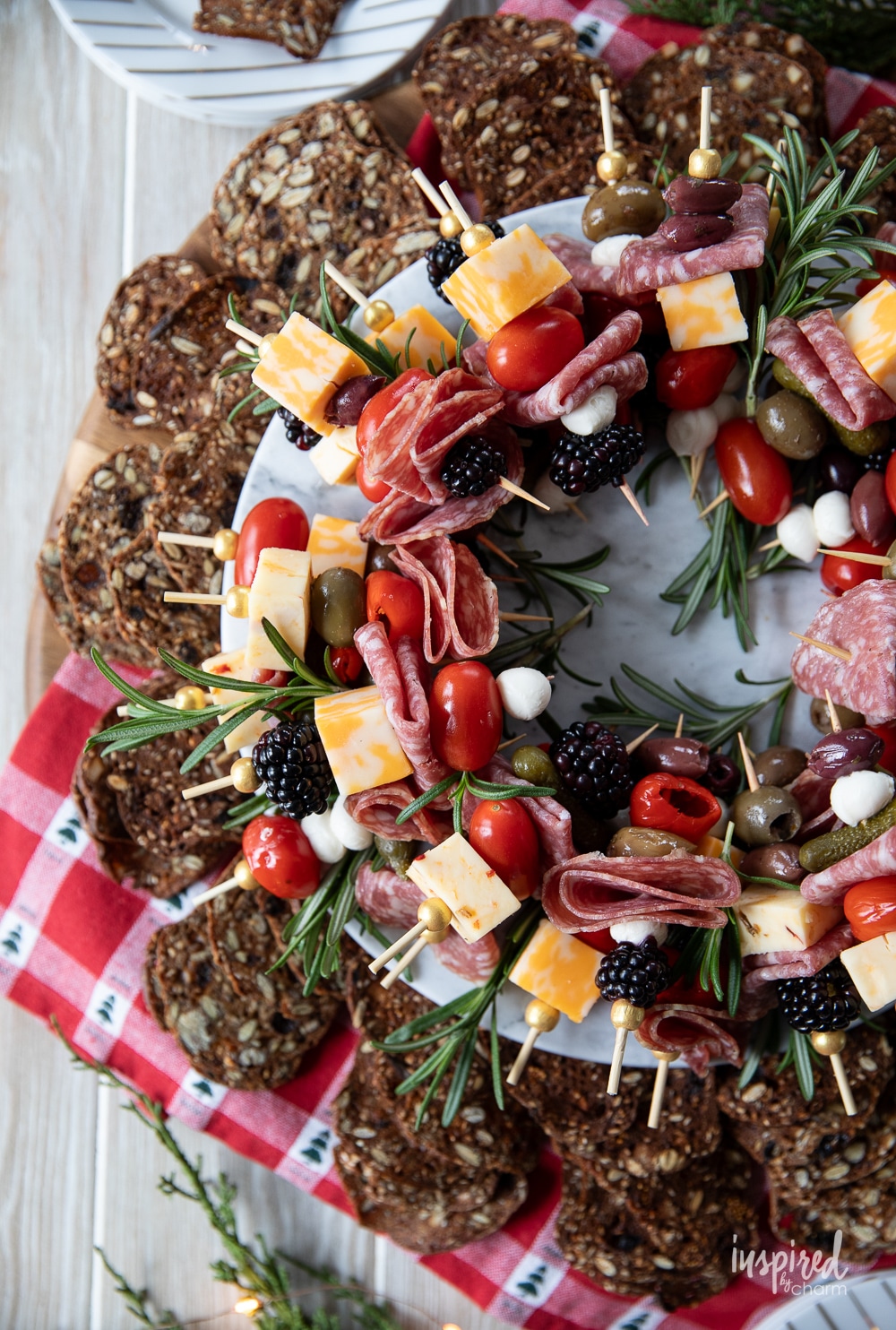 appetizer wreath made from mini antipasto skewers.