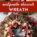 festive Antipasto Skewer Wreath Holiday Appetizer Recipe served with crackers.
