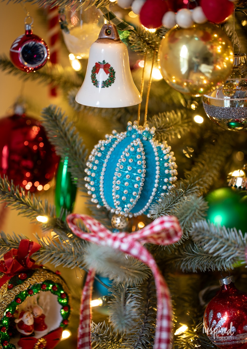 vintage ornaments on a christmas tree. 