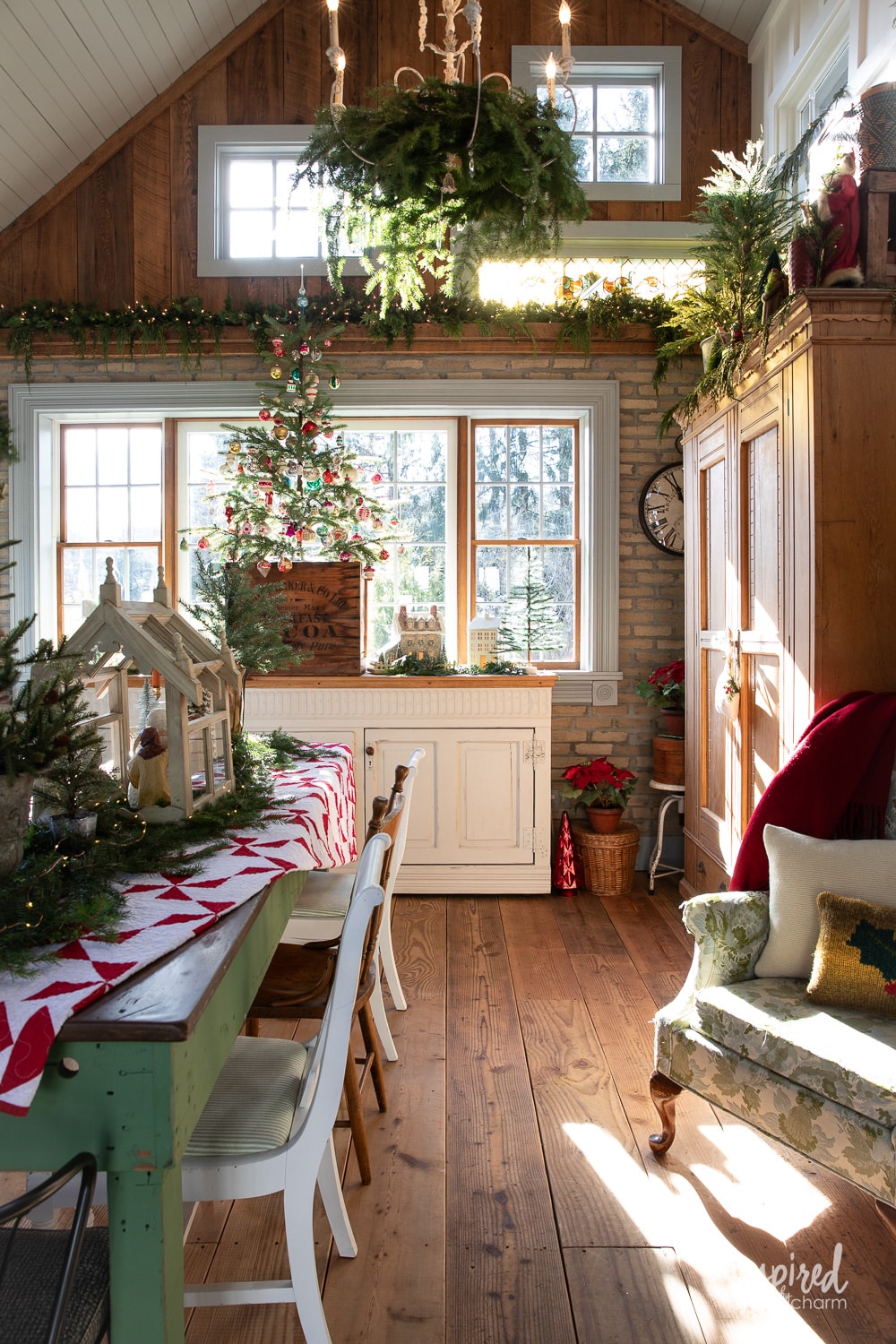 looking into the garden shed with festive decor.