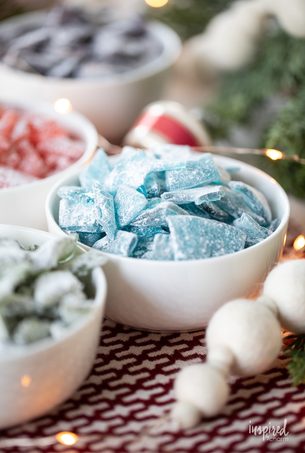blue hard tack candy in a small white bowl. 